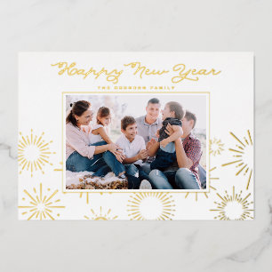 Whimsical Fireworks Photo Happy New Year Gold Foil Holiday Card