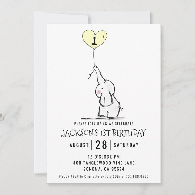 Whimsical First Birthday | Elephant  Invitation (Front)