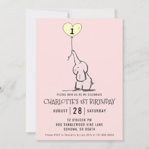 Whimsical First Birthday   Elephant Pink Invitation