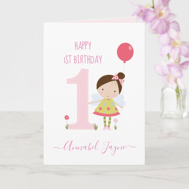 Whimsical first birthday fairy girls cute  pink card (Orchid)