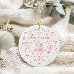 Whimsical first christmas married handdrawn doodle ceramic tree decoration