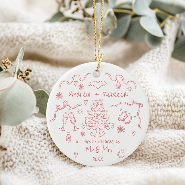 Whimsical first christmas married handdrawn doodle ceramic tree decoration (Creator Uploaded)
