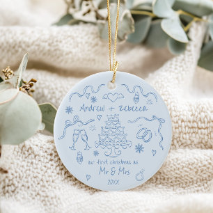 Whimsical first christmas married handdrawn doodle ceramic tree decoration