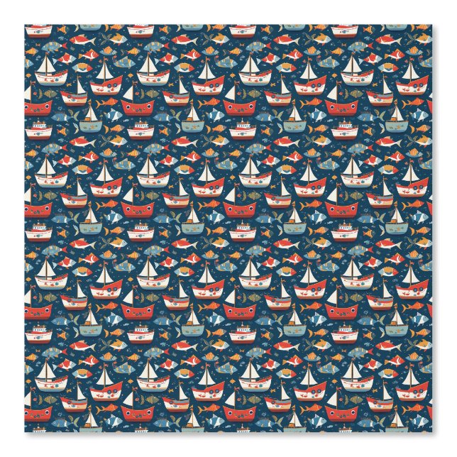 Whimsical Fish and Boat Pattern Wallpaper (Front)