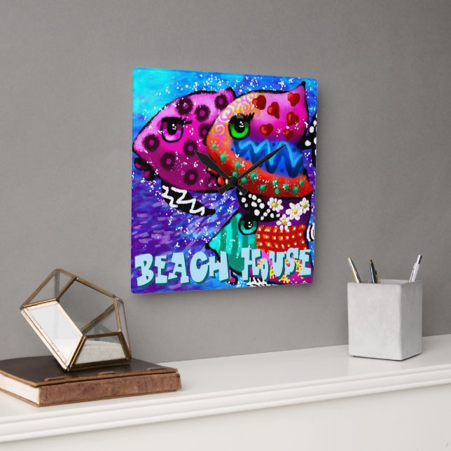 Whimsical Fish Trio Abstract Nautical Personalised Square Wall Clock (Office)