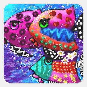 Whimsical Fish Trio Colourful Abstract Nautical Square Sticker