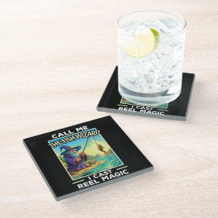 Whimsical Fishing Wizard Glass Coaster