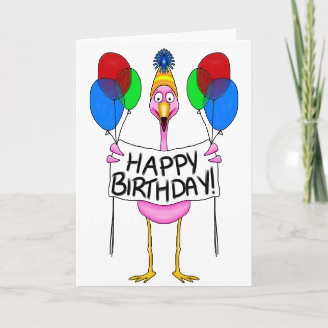 Whimsical Flamingo Happy Birthday Balloons Card (Front)