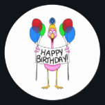 Whimsical Flamingo Happy Birthday Balloons Classic Round Sticker<br><div class="desc">Flamingos are so fun--especially for celebrating a birthday!  Share birthday greetings with this whimsical pink bird,  part of the Pink Flamingo Line by Kerra Lindsey.</div>