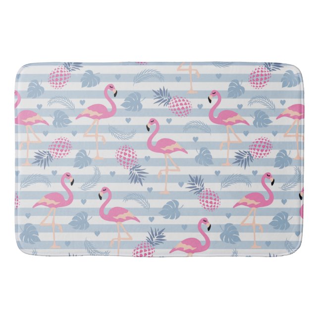 Whimsical Flamingo & Pineapple Pattern Bath Mat (Front)