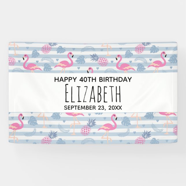 Whimsical Flamingo & Pineapple Pattern Birthday Banner (Horizontal)