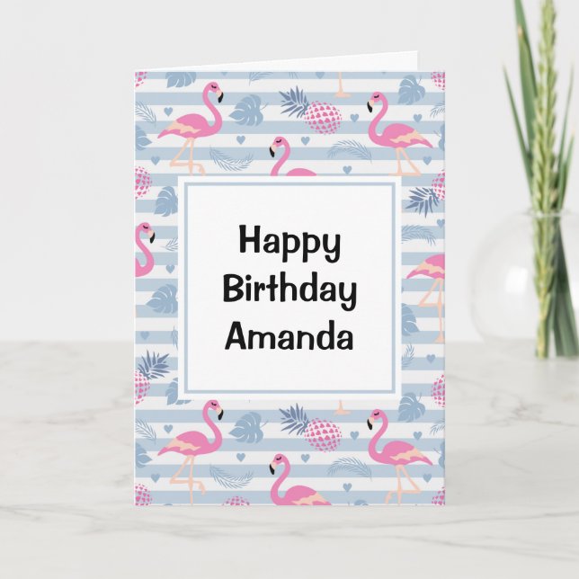 Whimsical Flamingo & Pineapple Pattern Birthday Card (Front)