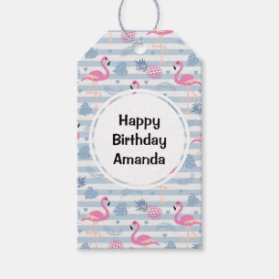 Whimsical Flamingo & Pineapple Pattern Birthday Gift Tags