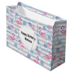 Whimsical Flamingo & Pineapple Pattern Birthday Large Gift Bag