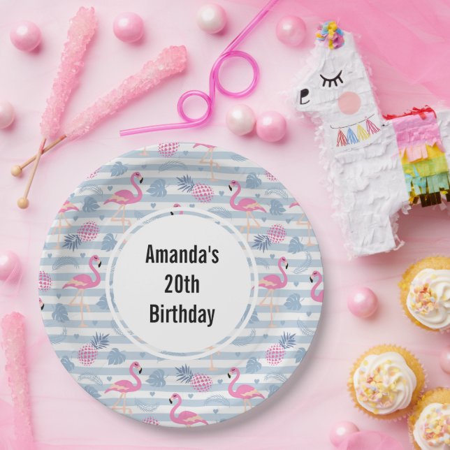 Whimsical Flamingo & Pineapple Pattern Birthday Paper Plate (Party)