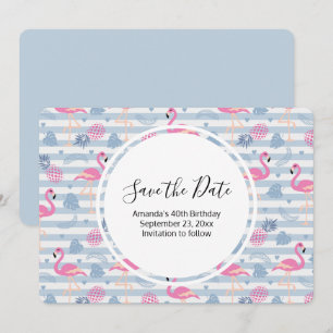 Whimsical Flamingo & Pineapple Pattern Birthday Save The Date