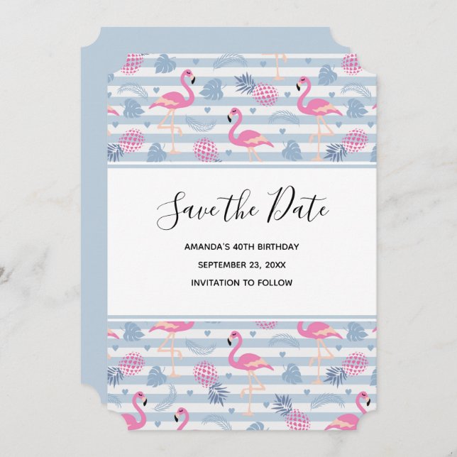 Whimsical Flamingo & Pineapple Pattern Birthday Save The Date (Front/Back)