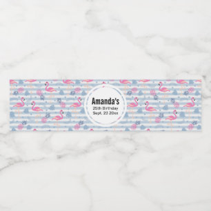 Whimsical Flamingo & Pineapple Pattern Birthday Water Bottle Label