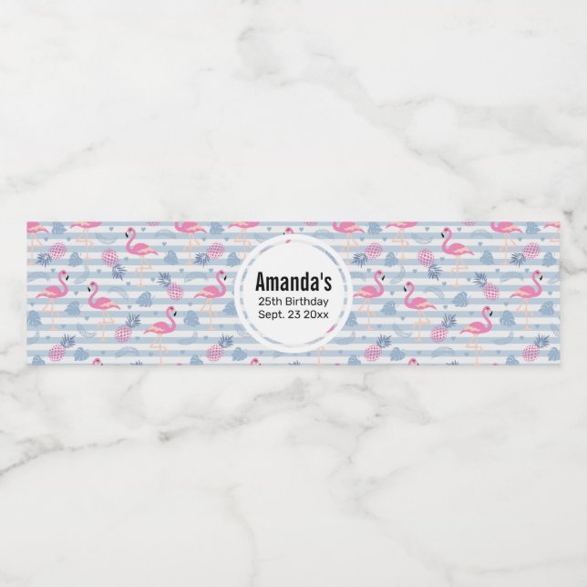 Whimsical Flamingo & Pineapple Pattern Birthday Water Bottle Label (Single Label)