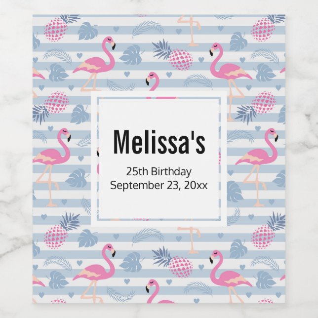 Whimsical Flamingo & Pineapple Pattern Birthday Wine Label (Single Label)