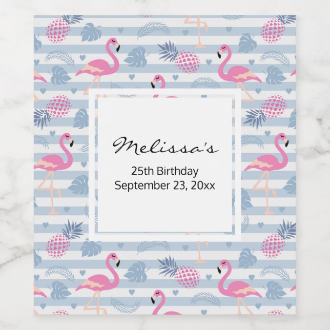 Whimsical Flamingo & Pineapple Pattern Birthday Wine Label (Single Label)