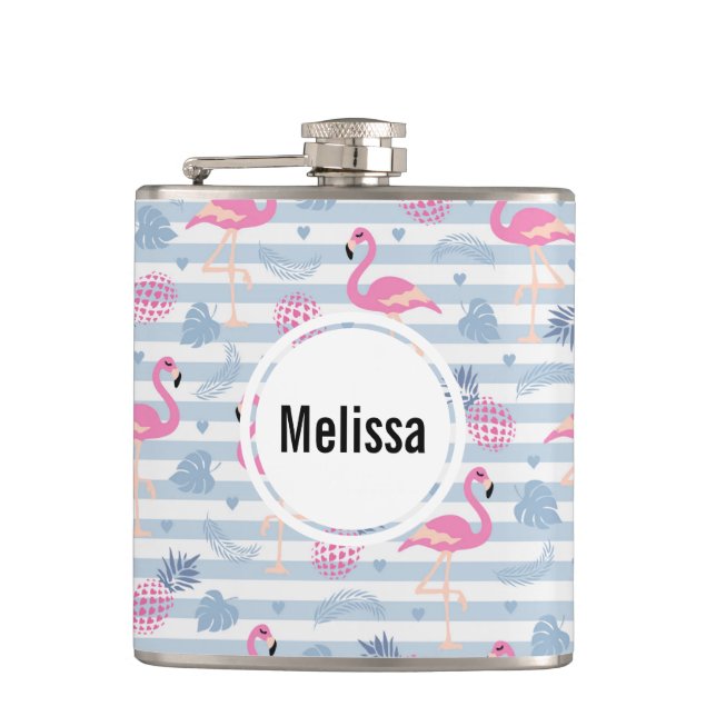  Whimsical Flamingo & Pineapple Pattern Hip Flask (Front)