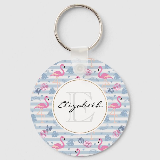 Whimsical Flamingo & Pineapple Pattern Key Ring (Front)