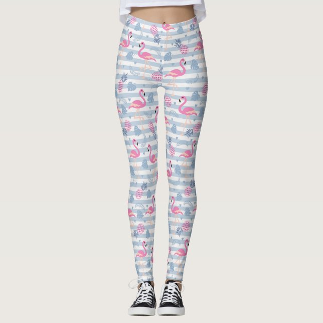 Whimsical Flamingo & Pineapple Pattern Leggings (Front)