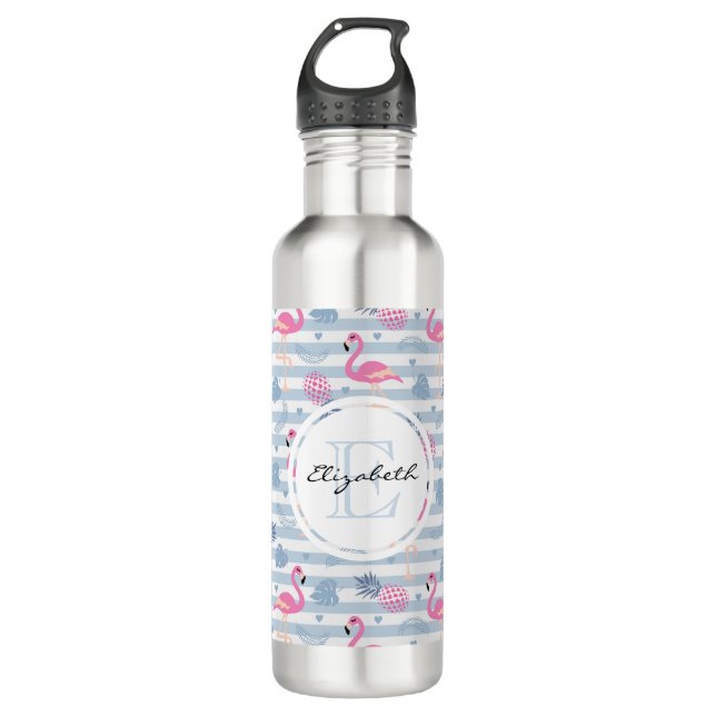 Whimsical Flamingo & Pineapple Pattern Monogram 710 Ml Water Bottle (Front)