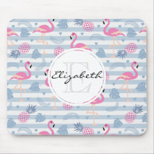 Whimsical Flamingo & Pineapple Pattern Monogram Mouse Mat