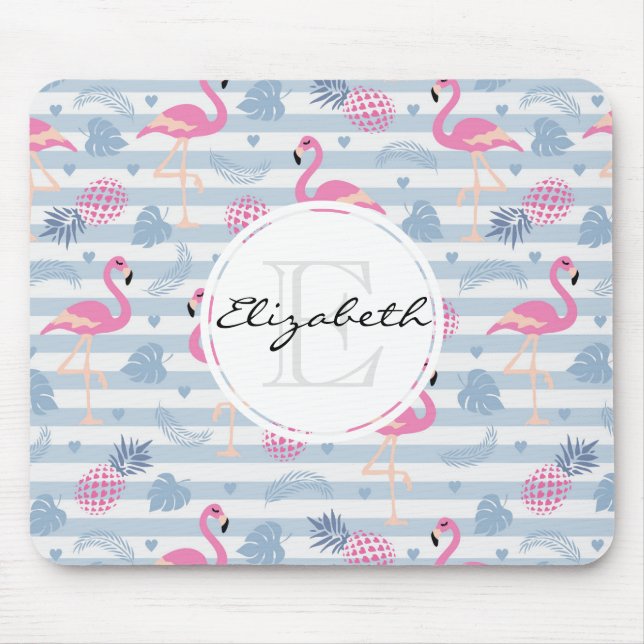 Whimsical Flamingo & Pineapple Pattern Monogram Mouse Mat (Front)