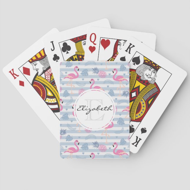 Whimsical Flamingo & Pineapple Pattern Monogram Playing Cards (Back)