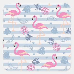 Whimsical Flamingo & Pineapple Pattern Square Sticker