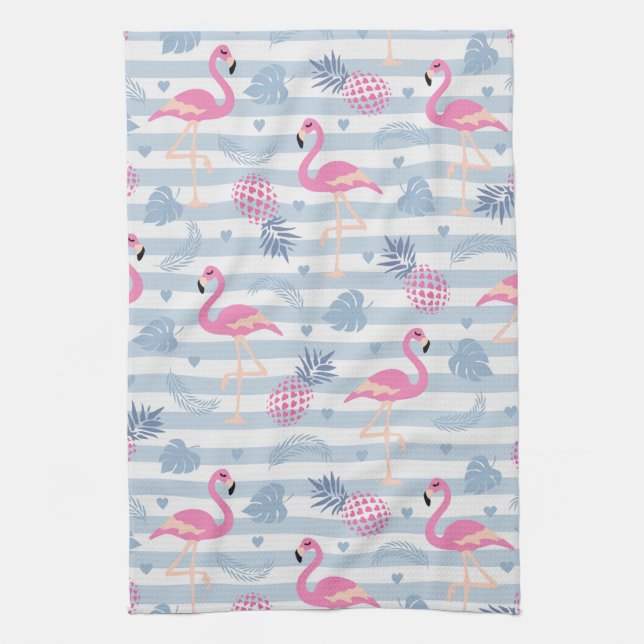 Whimsical Flamingo & Pineapple Pattern Tea Towel (Vertical)