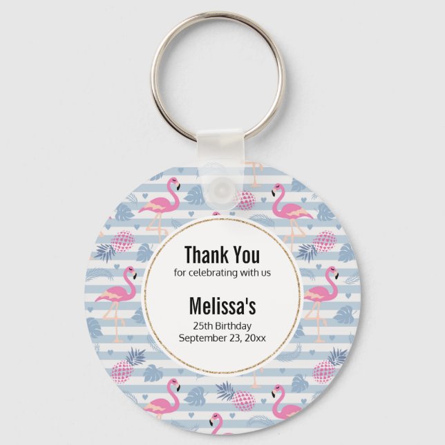 Whimsical Flamingo & Pineapple Pattern Thank You Key Ring (Front)