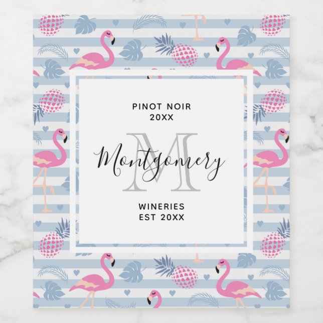 Whimsical Flamingo & Pineapple Pattern Wine Making Wine Label (Single Label)