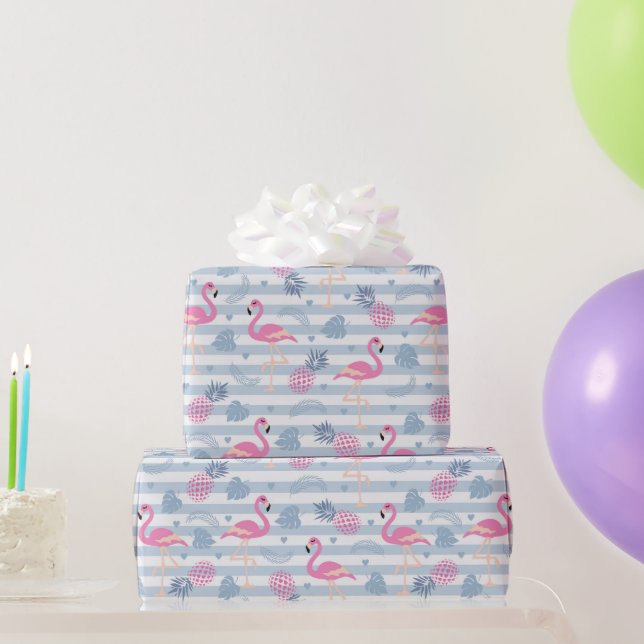 Whimsical Flamingo & Pineapple Pattern Wrapping Paper (Party Gifts)