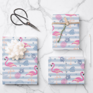 Whimsical Flamingo & Pineapple Pattern Wrapping Paper Sheet