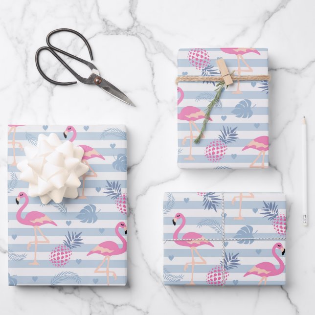 Whimsical Flamingo & Pineapple Pattern Wrapping Paper Sheet (Front)