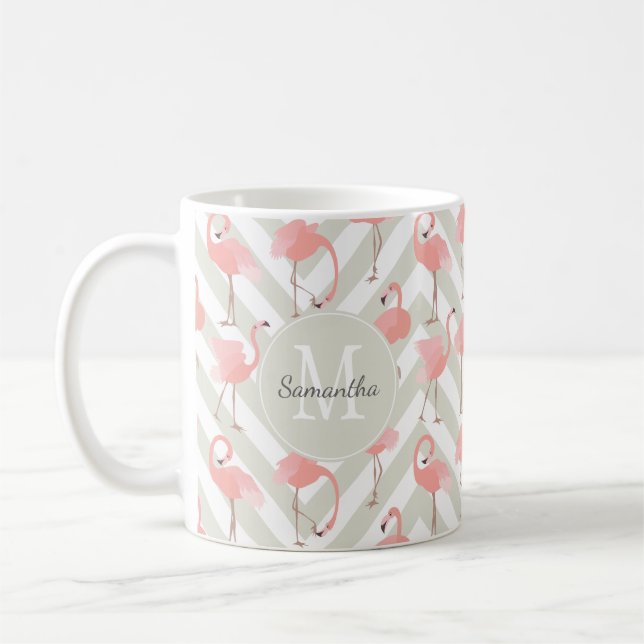 Whimsical Flamingos Pattern with Monogram Coffee Mug (Left)