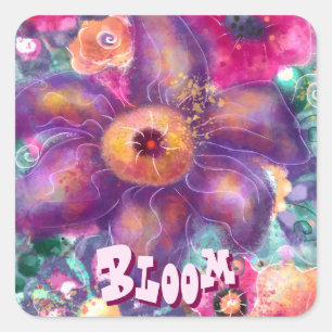 Whimsical Floral Abstract Art Teal Personalised  Square Sticker