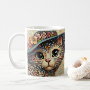 Whimsical Floral Abstract Kitty Cat with Hat Coffee Mug