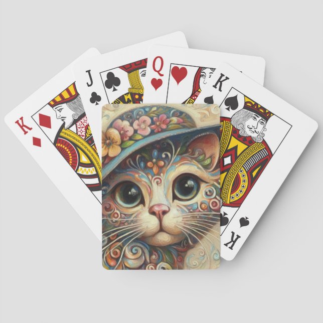 Whimsical Floral Abstract Kitty Cat with Hat Playing Cards (Back)