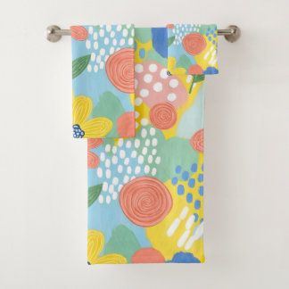 Whimsical Floral Abstract Playful Painterly Art Bath Towel Set