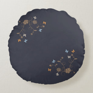 Whimsical Floral and Butterfly Accents on Charcoal Round Cushion