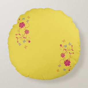 Whimsical Floral and Butterfly Accents on Yellow Round Cushion