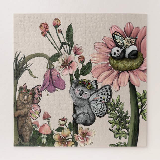 Whimsical Floral Bear Fairies Watercolor Art Jigsaw Puzzle (Vertical)