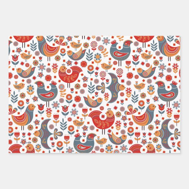 Whimsical Floral Birds Scandinavian Wrapping Paper (Front)