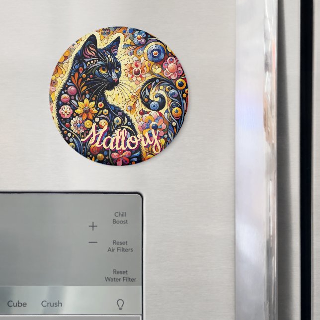 Whimsical Floral Black Cat Kitty Personalised Magnet (In Situ (Fridge))