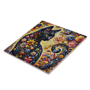 Whimsical Floral Black Cat Kitty Yellow Blue Tile